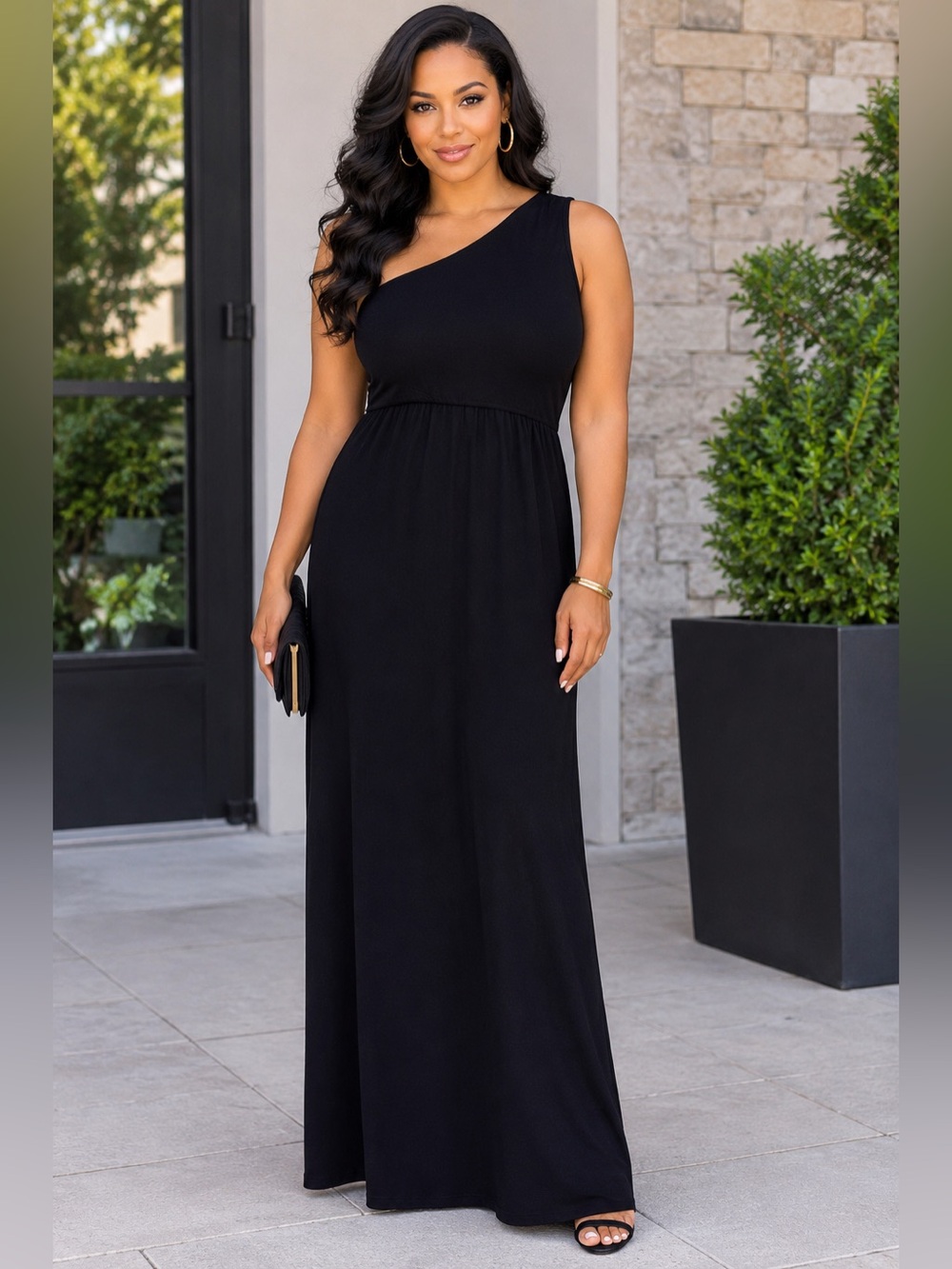 Dots Black One-Shoulder Maxi Dress